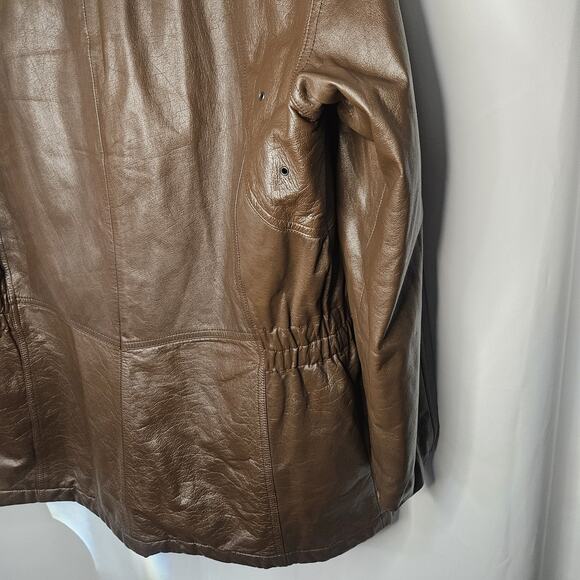 Nino Cerruti Sport Brown Leather Parka Brown Sz Large Asymmetrical Collared Vtg - Picture 11 of 13